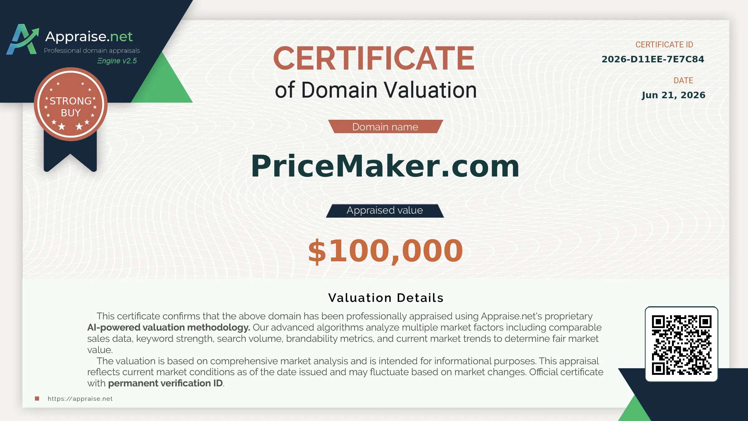 Appraise.net certificate for PriceMaker.com